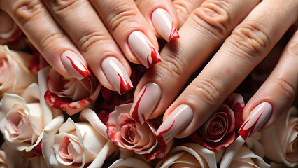 Elegant nail art with red tips displayed on manicured hands amidst rose petals