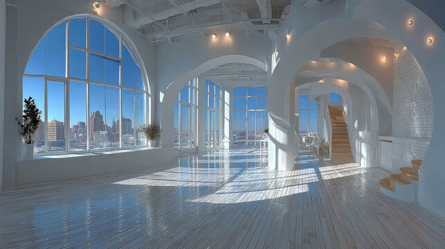 empty white room without furniture with big windows. full seamless spherical hdri panorama 360 degrees in interior room in modern apartments in equirectangular projection