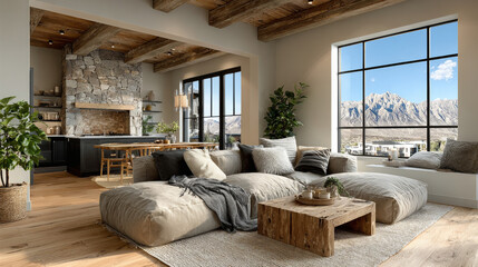 Obraz premium Open space living room and kitchen interior with large windows, cozy sofa, dining table and hardwood flooring. Modern design solution, 3d rendering