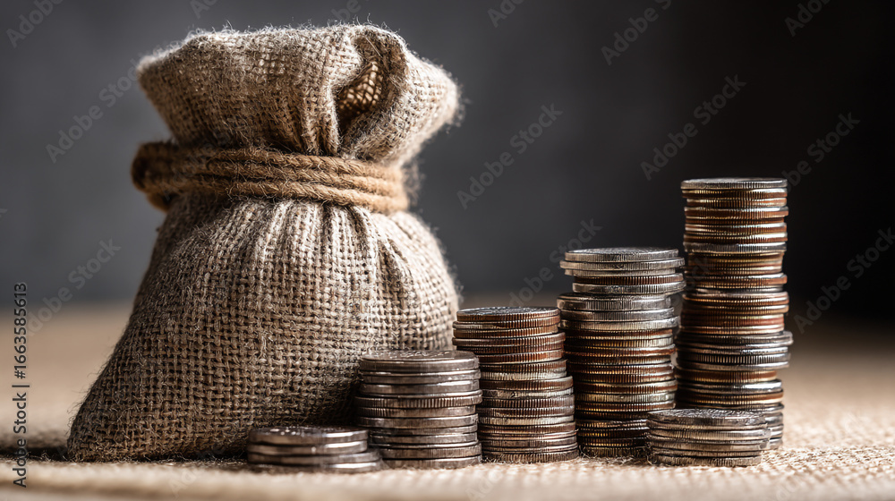 Poster a burlap sack and stacks of coins arranged in ascending order on a wooden surface against a dark bac
