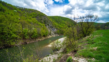 Fototapeta premium A verdant river winds through a valley, framed by lush hills and a bright sky.