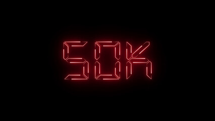 A bold neon "50K" text icon glowing in intense electric colors, symbolizing peak endurance, victory, and celebration—perfect for ultramarathon goals, fitness events, or digital milestones.
