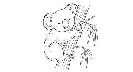 Adorable cartoon koala with closed eyes sleeping peacefully while hugging a tree trunk a simple black and white line art illustration.