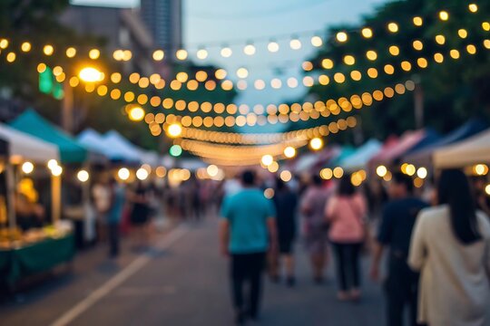Blurred view of a bustling night market with vibrant lights illuminating the scene, creating a festive atmosphere as people stroll through the stalls offering various goods and food - Powered by Adobe