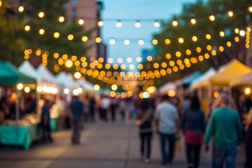 Fototapeta premium Blurred view of a vibrant night market scene with people enjoying the festive atmosphere, illuminated by strings of lights, creating a lively and bustling urban experience