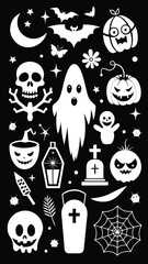 Collection of black and white halloween themed graphic elements with spooky icons and decorative accents