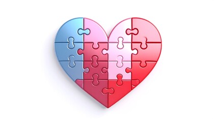 A heart-shaped puzzle, composed of multiple, interlocking pieces in shades of pink and light blue, forms a visually appealing and symbolic design against a pure white backdrop.