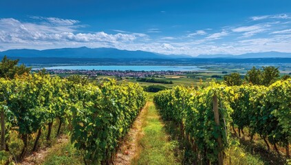 Naklejka premium Vineyard landscape, sunny day, rows of green grape vines, pathway through the vines, distant lake and mountains, vibrant colors, clear blue sky