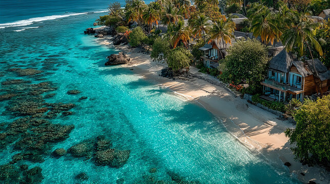 Aerial view of luxurious resort bungalows on Muravandhoo Island with turquoise waters and beautiful beach, Raa Atoll, Maldives.