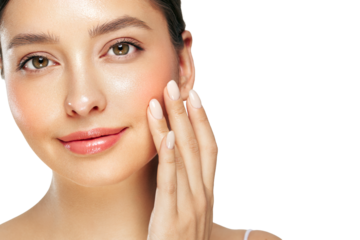 Skin care. Woman with beauty face touching healthy facial skin portrait. Beautiful girl model with natural makeup touching glowing hydrated skin on white background closeup