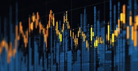 Close-up view of a complex financial chart with vibrant orange and blue bars