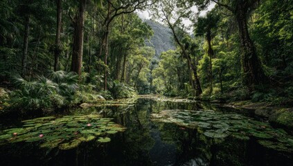 Lush rainforest waterway. Tranquil scene of a calm waterway flowing through a dense, verdant forest