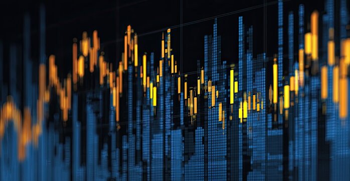 Close-up view of a complex financial chart with vibrant orange and blue bars