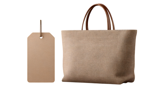 Burlap tote bag and tag, isolated on transparent background