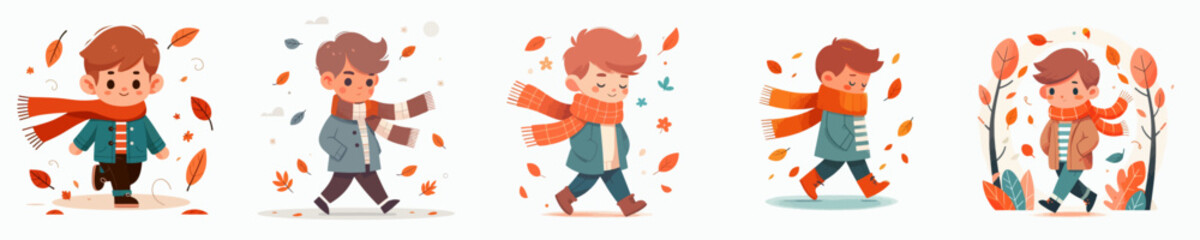 vector of a little boy walking in autumn