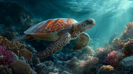 Obraz premium A sea turtle swimming gracefully through a vibrant coral reef in clear turquoise water