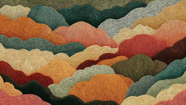 A textured landscape of layered, colorful hills