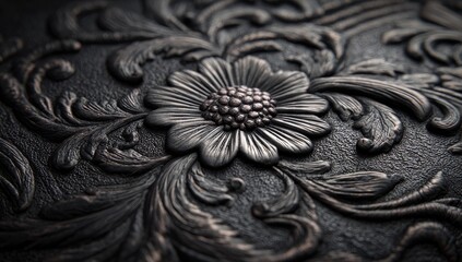Close-up of intricately carved dark leather, featuring a central flower design