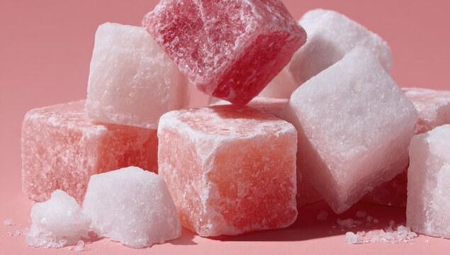 Close-up of colorful, cubed Turkish delight candies stacked on a soft pink surface