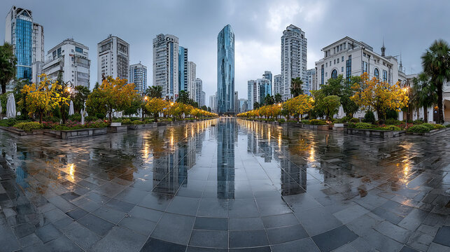 BATUMI, GEORGIA - SEPTEMBER 2021: full seamless spherical hdri panorama 360 degrees on square among skyscrapers and office buildings after rain in equirectangular projection, for VR AR content