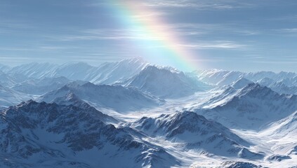 A breathtaking vista of snow-capped mountains, a vibrant rainbow arcing across the azure sky
