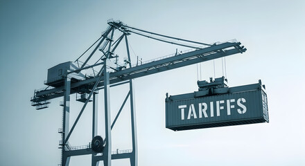 Container with the word tariffs hanging from a crane, representing international trade, import and export, and economic policies and regulations