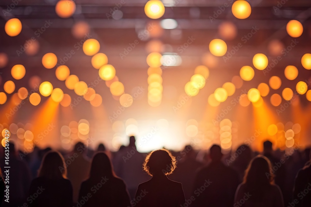 Poster blurred view of a large crowd of people attending a concert with bright stage lights and bokeh effec