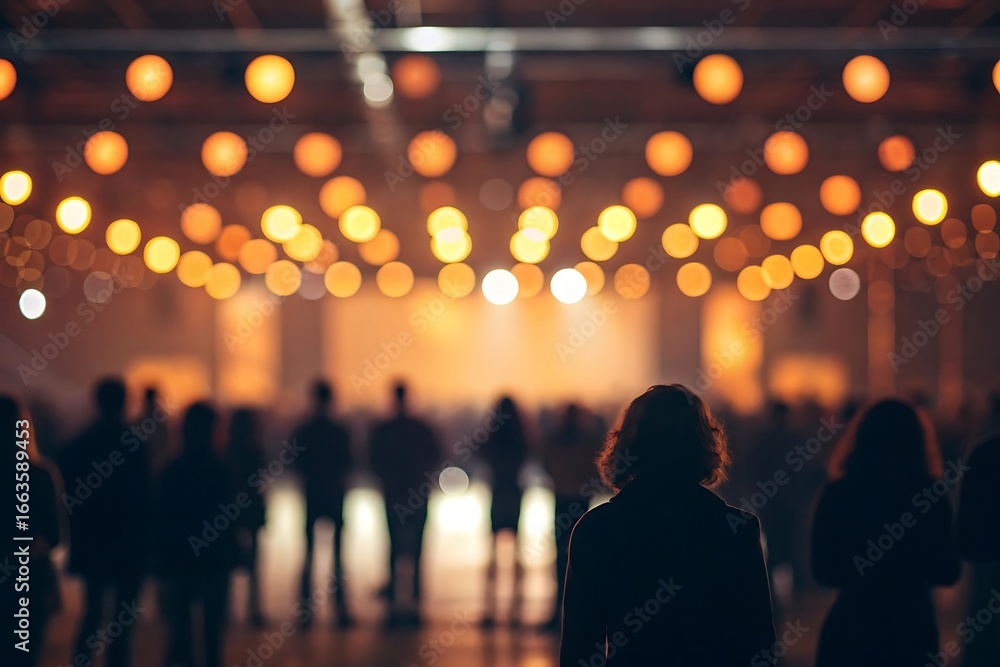 Poster blurred view of a large crowd of people attending a concert with bright stage lights and bokeh effec