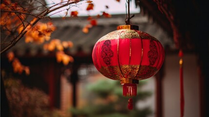 A traditional red Chinese lantern hangs among golden autumn leaves with classical architecture in the background,