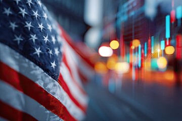 American flag juxtaposed with blurred cityscape and stock market data