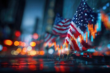 American flags overlaid with stock market charts, city street background