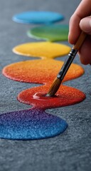A hand holding a paintbrush, delicately blending colors into a flowing rainbow pattern.  A series of multicolored circles create a continuous, stylized rainbow effect on a dark gray surface
