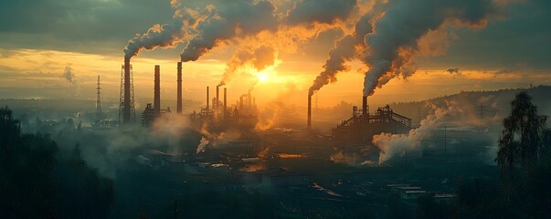 Smokestacks in a sunset lit industrial landscape