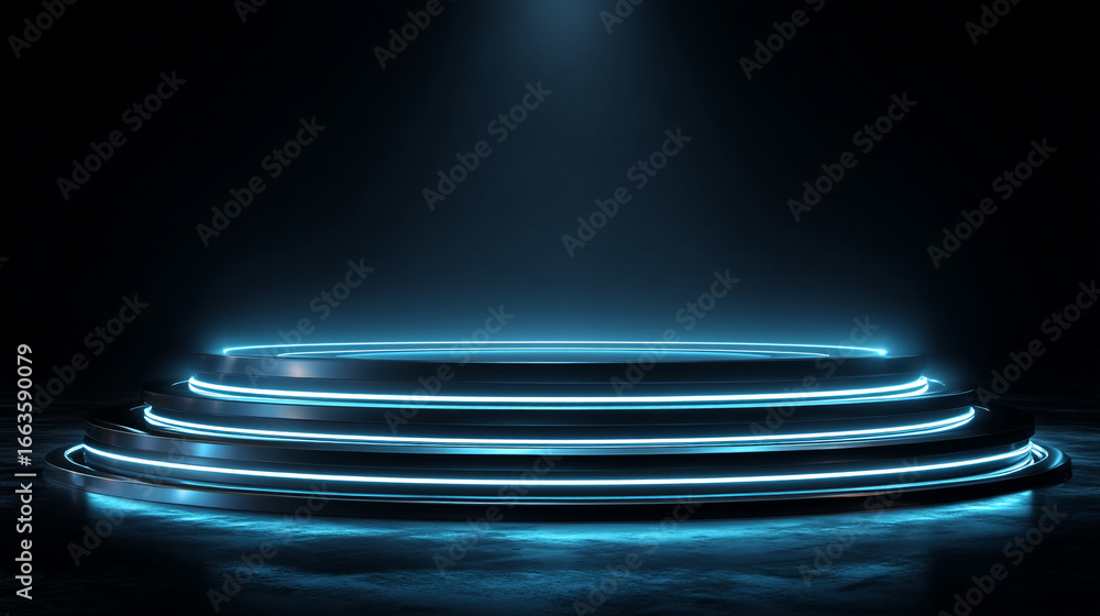 Poster illuminated tiered platform with blue neon lights in a dark studio background scene for product disp
