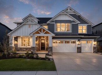 Exterior of a large, two-story home at twilight