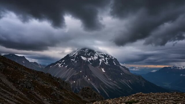 Time-lapse of dark storm clouds rolling in over a mountain range