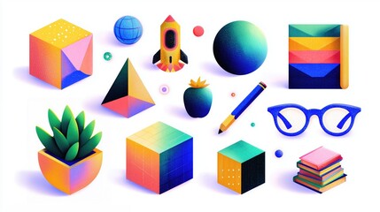 Colorful isometric 3D shapes with geometric forms, rocket, globe, books, pencil, and plant on white background, representing education, creativity, and study concept.