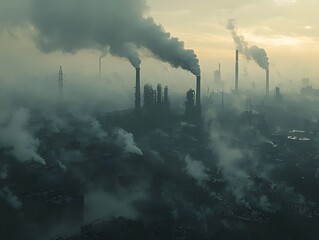 A dystopian cityscape of industrial pollution and environmental devastation