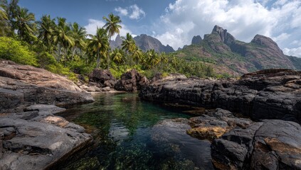 Tropical cove with clear water and towering cliffs. Lush vegetation and palm trees surround a rock-lined pool