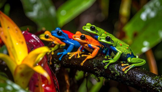 A Vibrant Assemblage of Poison Dart Frogs on a Branch in the Tropical Rainforest