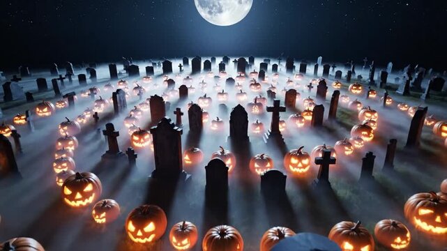 A spooky graveyard at night with carved jack-o-lanterns arranged in a maze pattern under a full moon.