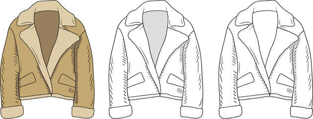 CAD drawing flat vector illustration of shearling jacket, stylish outerwear layout, front back views, garment sketch, winter fashion template