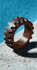 Wooden gear ring on stone surface, teal background