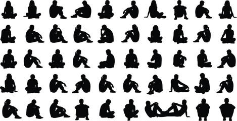 Silhouette of people sitting on the ground in various poses, black human figures collection isolated on white background