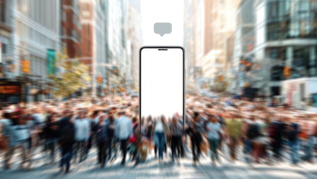 A smartphone with a blank screen stands amidst a bustling city street, surrounded by a blurred crowd