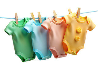 Four Colorful Baby Bodysuits Hanging on a Clothesline with Wooden Clothespins baby clothes onesie