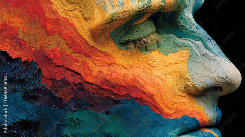 Poster face of color. background design of human profile and colorful moving paint lines on the theme of cr