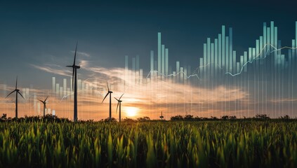 Wind turbines in a field at sunset, overlaid with financial charts (1)