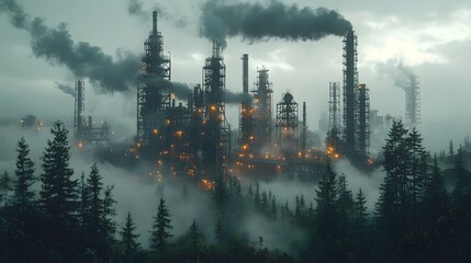 A futuristic dystopian landscape of polluted industrial complexes