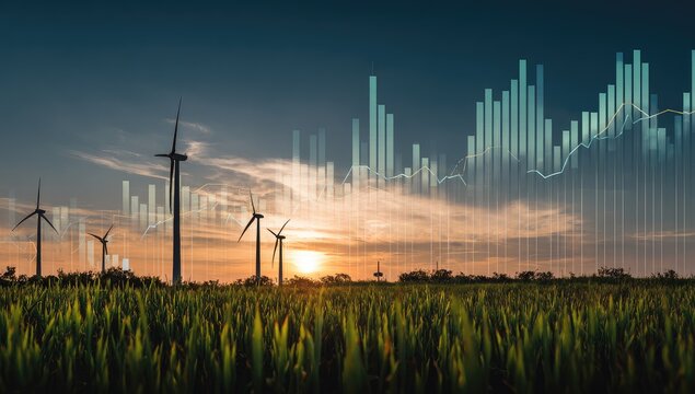 Wind turbines in a field at sunset, overlaid with financial charts (1)